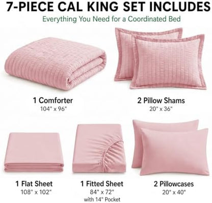 HIMEET California King Comforter Set, 7-Piece Seersucker Bed in a Bag Pink
