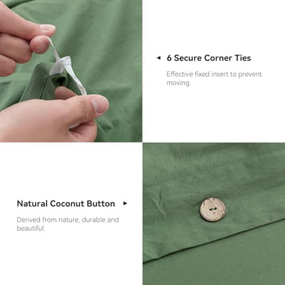 JELLYMONI Cotton Duvet Cover Queen Size - Green Comforter Cover with Button 100% Washed Cotton 3PCS Breathable Soft Solid Bedding Set Duvet Cover 90×90in & 2 Pillowcases (NO Comforter)