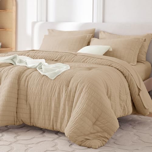MUXHOMO 7 Pieces California King Comforter Set, Seersucker Bed in a Bag Cal King Size, All Season Luxury Bedding Set with Comforter, Flat Sheet, Fitted Sheet, Pillowcases & Shams, Khaki