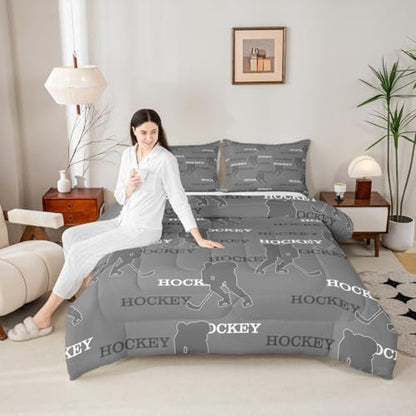 Manfei Hockey Players Kids Comforter Set Queen Size, Bedding Set,Girls Boys Room Decor,Ball Activity Game Quilt Comforter,Gray Duvet Set Bedroom Quilt Set,2 Pillowcases