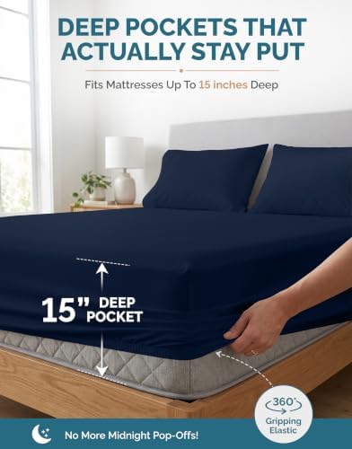 Casa Platino Cal King Sheets Set – 100% Cotton Bed Sheets Cal King, Breathable & Crisp Percale 6 Piece Set, 15" Deep Pocket for A Secure Fit, Ultra Soft & Cozy, Fit – Navy Blue