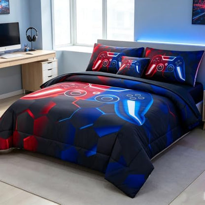 URBONUR Full Size Gaming Bedding Sets 6-Piece Comforter for Kids Teen Boys