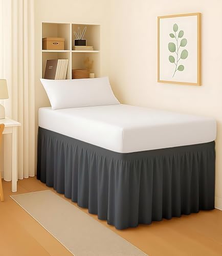 Dorm Bed Skirt Twin XL 28 Inch Drop, Easy to Install Extra Long Wrap Around Elastic Dust Ruffle, Bedskirt Solid Silky Fabric Machine Washable, Ruffled College Dorm Room Dark Grey