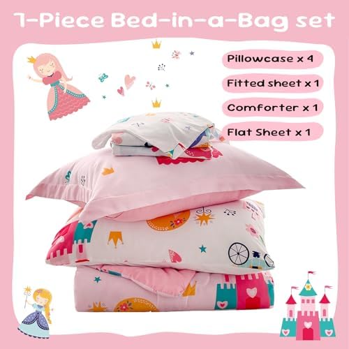 Wajade Kids Pink Princess Comforter Set Bed in a Bag Twin Size 7 Piece Princess Fairy Tales Castle Bedding Set for Girls (1 Comforter, 1 Flat Sheet, 1 Fitted Sheet, 2 Pillowcase and 2 Pillow Sham)