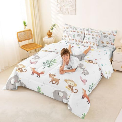 Erosebridal Wild Animal Queen Comforter Set 7 Piece Cute Elephant Deer Monkey Wildlife Comforter Set Woodland Animals Bedding Sets for Kids Girls Kawaii Zoo Animals Sheet Set with Comforter