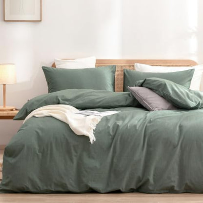 BESTOUCH Cotton Solid Duvet Cover Set Linen Feel Green California King