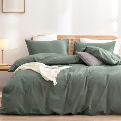 BESTOUCH Cotton Solid Duvet Cover Set Linen Feel Green Full