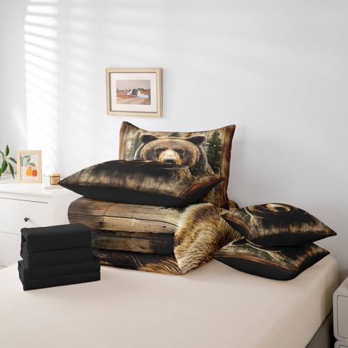 Erosebridal Bear 7 Piece Bedding Set King Size,Hunting Theme Bed in a Bag,Rustic Cabin Lodge Bed Set Includes Comforter, Sheet Set, Pillowcases & Pillow Covers All Season Bedroom Decor