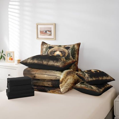 Erosebridal Bear 7 Piece Bedding Set King Size,Hunting Theme Bed in a Bag,Rustic Cabin Lodge Bed Set Includes Comforter, Sheet Set, Pillowcases & Pillow Covers All Season Bedroom Decor