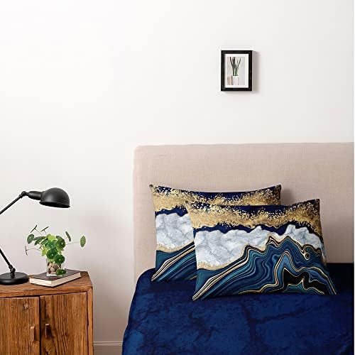 Royal Blue Marble Duvet Cover Set King Size Sequin Gold Bedding Comforter Covers with 2 Pillow Shams Breathable Durable Soft Comfy