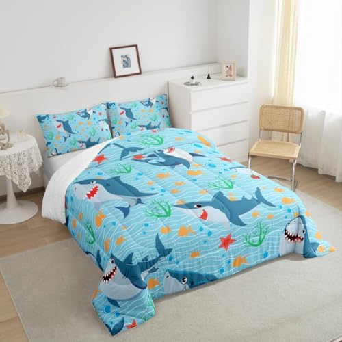Cute Shark Comforter Set Queen Size,Fish Coral Bedding Set 3pcs for Kids Teens Boys Girls Room Decor,Mysterious Under Sea Animals Plants Themed Quilt Set Cartoon Blue Duvet Insert with 2 Pillowcases