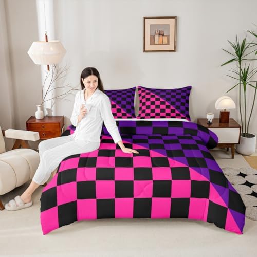 Feelyou Checkered Retro Kids Comforter Set Twin Size Modern Geometric Cute Bedding Set Rose Pink Purple Duvet Quilt for Kids Boys Girls Bedroom Vintage Simple Groovy Aesthetic Decor