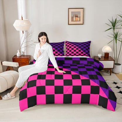 Feelyou Checkered Retro Kids Comforter Set Twin Size Modern Geometric Cute Bedding Set Rose Pink Purple Duvet Quilt for Kids Boys Girls Bedroom Vintage Simple Groovy Aesthetic Decor