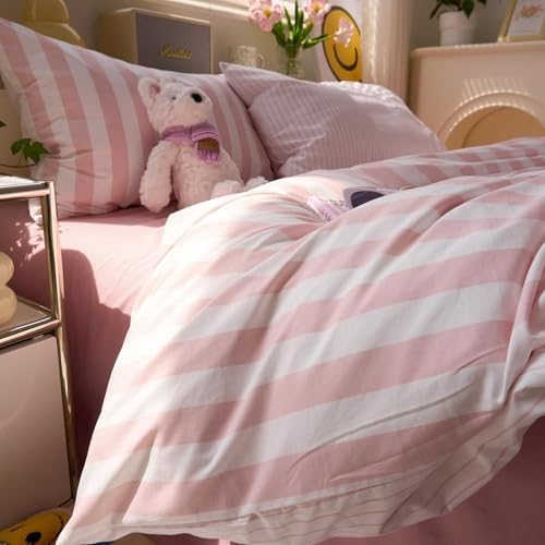 LifeTB Peach Pink Striped Comforter Set King, 3 Piece Vintage Stripes Pattern Printed Bedding Set, Breathable Soft Farmhouse Striped Bedding Comforter King, Cozy Lightweight Pink Comforter Set