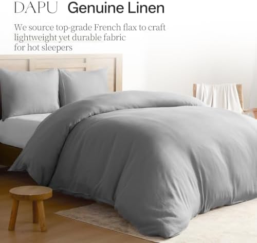 DAPU 100% French Linen Duvet Cover 3Pcs Set, 170GSM Linen Bedding, Queen