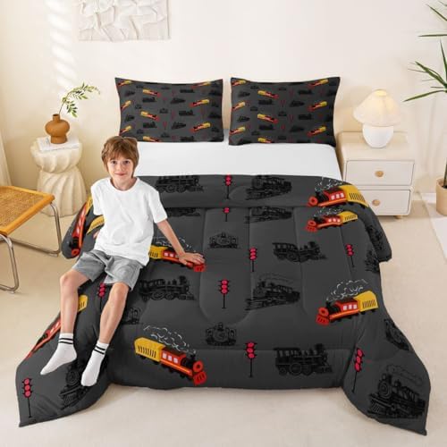 Feelyou Vintage Retro Train Comforter Set King Size Steam Locomotive Down Bedding Set for Kids Boys Girls Transportation Vehicles Duvet Quilt Bedroom Decor Microfiber 3 Pcs with 2 Pillow Cases