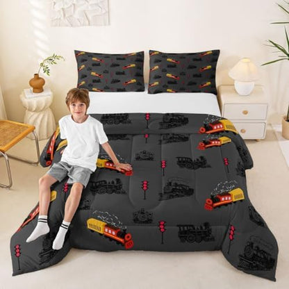 Feelyou Vintage Retro Train Comforter Set King Size Steam Locomotive Down Bedding Set for Kids Boys Girls Transportation Vehicles Duvet Quilt Bedroom Decor Microfiber 3 Pcs with 2 Pillow Cases
