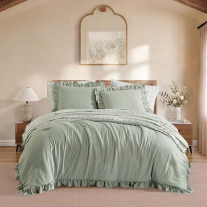 BLOOMHAVEN Queen Comforter Set-7 Pieces Ruffle Bedding with Floral Sheet