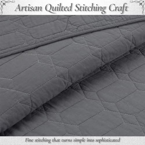 Cozy Line Home Fashions 100% Cotton Quilt Set – 3-Piece Charcoal Gray Solid Classic Modern Geometric Quilted Bedspread with Shams, Lightweight All Season Modern Bedding (Hexagon Gray, King)
