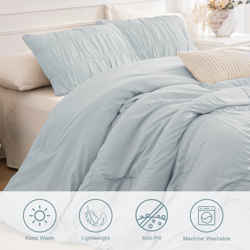Masaca Oversized King Comforter 128x120,3 Pieces Ruched Light Blue Ruffle Comforter Set Lightweight Luxury Farmhouse Shabby Extra Large King Size Bedding for All Season