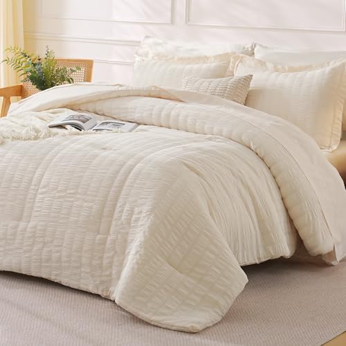 FreshCulture Comforter Set Seersucker 7 Pieces, All Season Bedding Set California King, Bed in a Bag Set with 1 Comforter, 1 Flat Sheet, 1 Fitted Sheet, 2 Pillowcases and 2 Pillow Shams, Cream