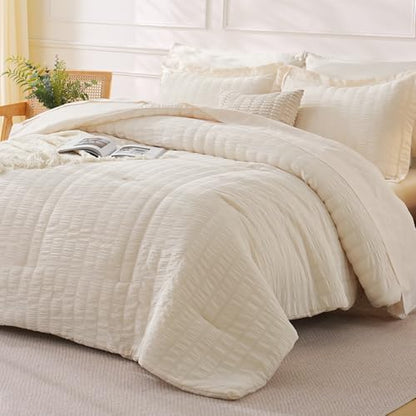 FreshCulture Comforter Set Seersucker 7 Pieces, All Season Bedding Set Queen, Bed in a Bag Comforter Set with 1 Comforter, 1 Flat Sheet, 1 Fitted Sheet, 2 Pillowcases and 2 Pillow Shams, Cream