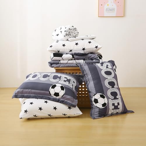 Boys Sports 7 Piece Soccer Comforter Set Queen Size 3D Football Playground Bedding Set for Kids Comforter Gray(Comforter,Flat Sheet,Fitted Sheet and Pillow Sham)