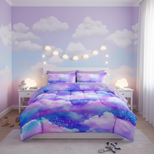 QOOMO Purple Clouds 7 Pieces Comforter Set Full Size,Galaxy Bedding Set