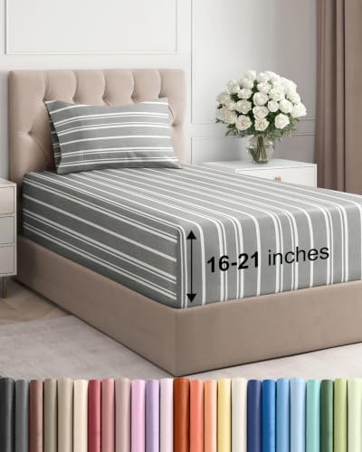 Extra Deep Pocket Twin XL Sheet Set - Breathable & Cooling - Grey Stripes