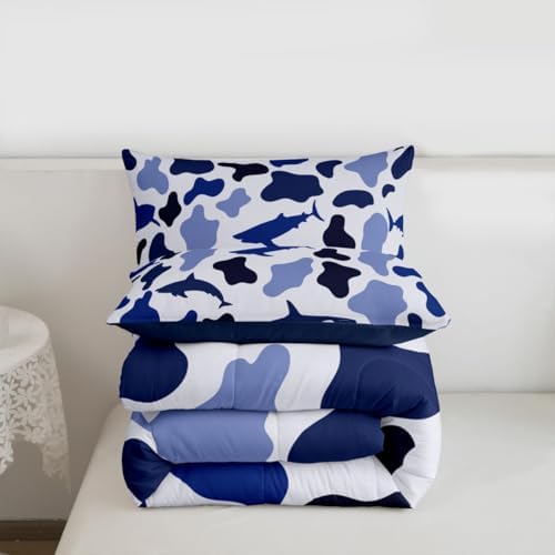 Manfei Sea Animal Camo Comforter Set Queen Size,Sharks and Whales Camouflage Bedding Set 3pcs,Blue Ocean Camo Down Comforter for All Season,Kids Boys Girls Room Decor,2 Pillowcases,No Sheets