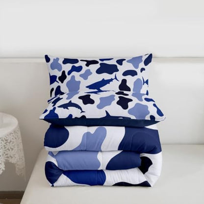 Manfei Sea Animal Camo Comforter Set Queen Size,Sharks and Whales Camouflage Bedding Set 3pcs,Blue Ocean Camo Down Comforter for All Season,Kids Boys Girls Room Decor,2 Pillowcases,No Sheets