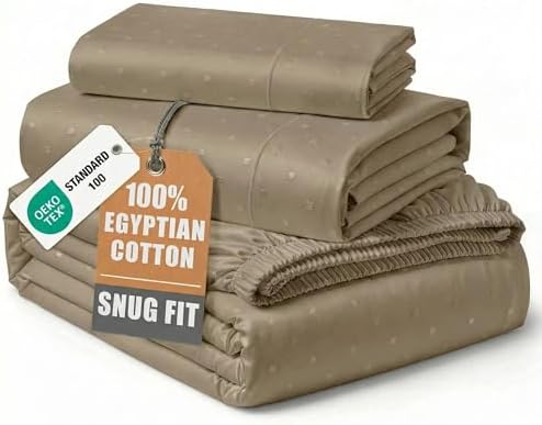 LANE LINEN Twin XL Bed Sheets 100% Egyptian Cotton Sateen - Taupe Swiss Dot