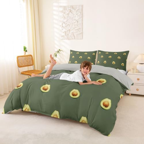 Avocado Comforter Cover Full Boys Girls Cute Cartoon Tropical Fruits Printed Bedding Set Green Avocado Pattern Duvet Cover for Teens Kids Soft Reversible Bedspread With 2 Pillowcases, No Comforter