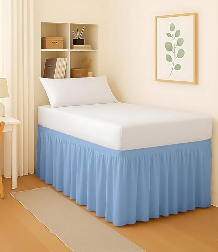 Dorm Bed Skirt Twin XL 28 Inch Drop, Easy to Install Extra Long Wrap Around Elastic Dust Ruffle, Bedskirt Solid Silky Fabric Machine Washable, Ruffled College Dorm Room Light Blue