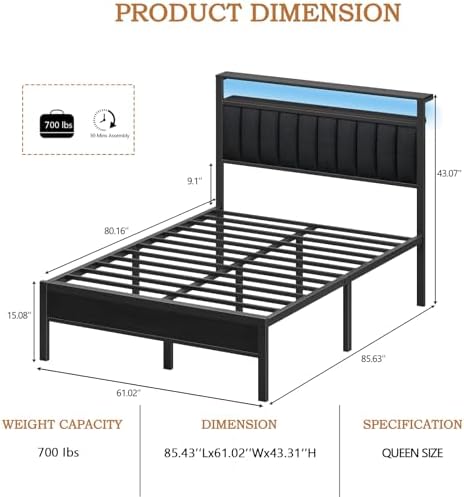 Furnulem Queen Size Bed Frame with Charging Station and LED Lights