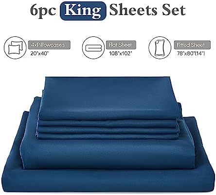 ILAVANDE Navy Blue King Sheets Set 6 Piece,Hotel Luxury Super Soft 1800 Series Microfiber Bed Sheets King Set-Wrinkle Free & Breathable-14 Deep Pocket Sheets for King Size Bed(King,Navy Blue)