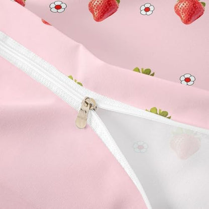 Kawaii Bedding Set, Pink Strawberry Comforter Cover Set for Kids Girls Kawaii Room Decor, Cute Cartoon Strawberry Bedding Set, Soft Micorfiber Reversible Duvet Cover With 2 Pillowcases, Queen Size