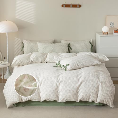 mixinni Red Floral Duvet Cover Set Twin Size - 100% Cotton Green Grid Bedding with Bow Ties, 3PC Cottagecore Comforter Cover (1 Duvet Cover + 2 Pillowcases) Vintage Garden Style Soft Aesthetic