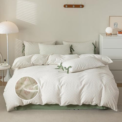 mixinni Red Floral Duvet Cover Set Twin Size - 100% Cotton Green Grid Bedding with Bow Ties, 3PC Cottagecore Comforter Cover (1 Duvet Cover + 2 Pillowcases) Vintage Garden Style Soft Aesthetic