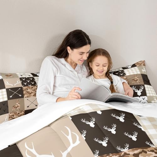 Camo Animal Kids Comforter Set Full Size,Deer Antlers Silhouette Bedding Set,Girls Boys Adults Bedroom/Xmas Decor,Checkered Geometric Down Comforter,Arrow Boho Tribal Duvet Insert,3pcs,2 Pillowcases