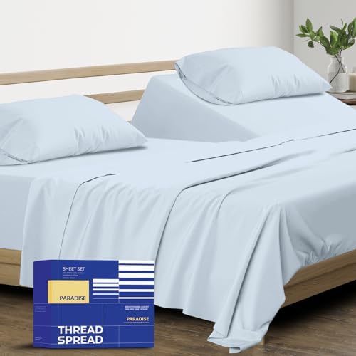 THREAD SPREAD Split King Sheet Set, Luxury 1000 Series Paradise Collection 100% Egyptian Cotton Split King Sheets Sets for Adjustable Bed (5 PC, Light Blue), Soft, 16" Deep Pocket Hotel Sheets