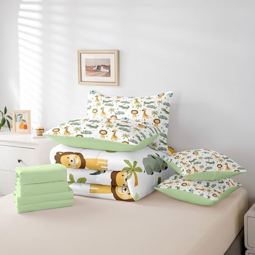 Erosebridal Zoo Animals Queen Comforter Set 7 Piece for Kids Boys Girls African Safari Animals Bed in A Bag with Sheets Elephant Lion Rhinoceros Crocodile Giraffe Bedding Set Wildlife Bed Set