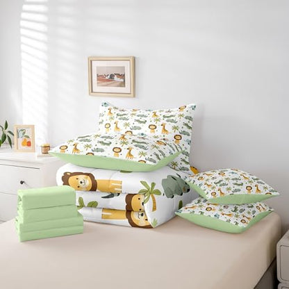 Erosebridal Zoo Animals Queen Comforter Set 7 Piece for Kids Boys Girls African Safari Animals Bed in A Bag with Sheets Elephant Lion Rhinoceros Crocodile Giraffe Bedding Set Wildlife Bed Set