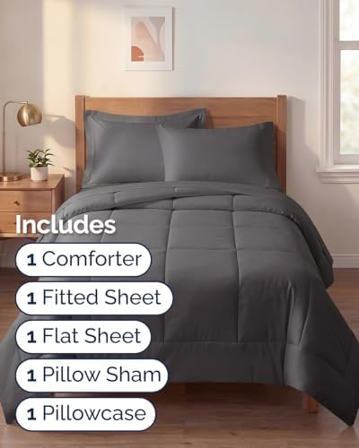 Twin XL Comforter Set - 5 Piece Bed in a Bag Twin XL Size - Dark Grey
