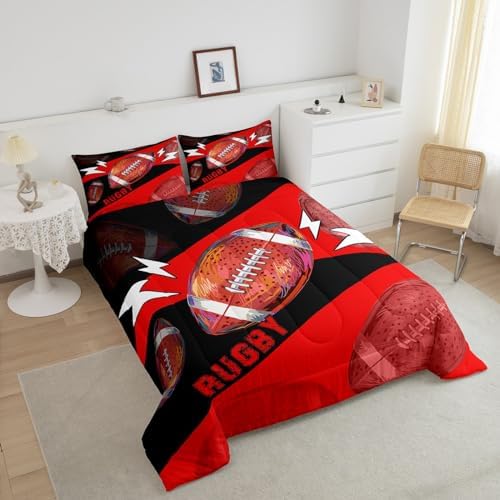 Erosebridal Football King Size Comforter Set for Boys Kids Girls Football Bedding Set for Boys Room Decor,Rugby Sports Bedding Sets for Boys Teen Ball Games Bed Quilt Set 3Pcs,Red Black