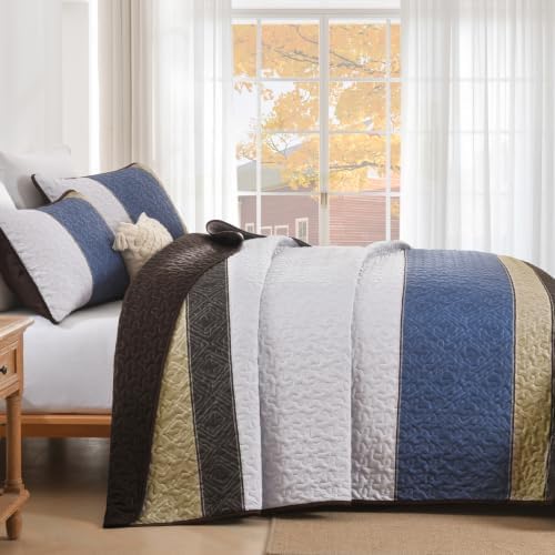 Cottolester Quilts Queen Size,Brown Blue Striped Bedspread Coverlet Set