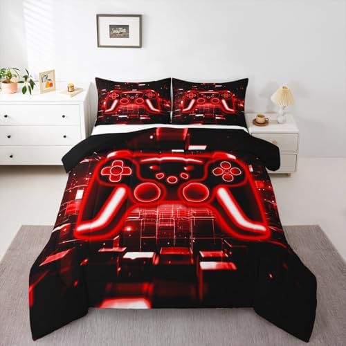 Erosebridal Gamer Comforter Set Gaming King Bedding Set, Neon Lights Game Boy Games Comforter Red Brick Cube Duvet Insert,Gaming Room Decor
