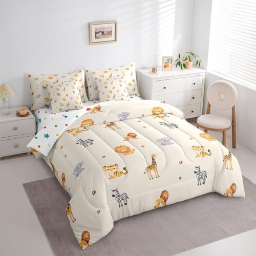 Erosebridal Cute Animals 7 Pieces Bedding Set Cartoon Giraffe Lion Tiger Wildlife Twin Comforter Set Kids Zoo Wild Animals Bed in A Bag with Flat and Fitted Sheet Elephant Zebra Woodland Bed Set