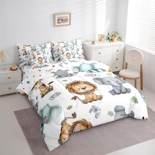 Erosebridal Cartoon Animals 7 Piece Comforter Set King for Nursery Child Bedroom | Cute Lion Elephant Hippo Bedding Set Tropical Bed Set Palm Tree Leaves Bed Sheets Kawaii Zoo Wildlife Quilt