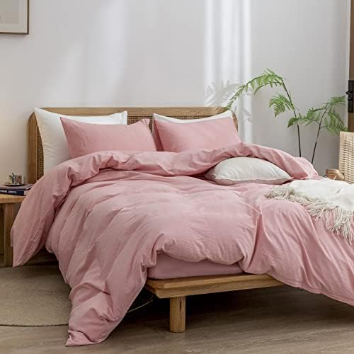 BESTOUCH Cotton Solid Duvet Cover Set Linen Feel Red Pink Queen